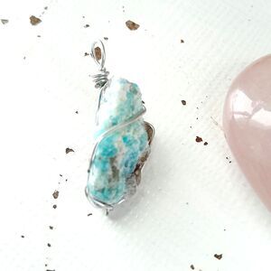 Raw Amazonite Crystal Gemstone Pendant, Wire Wrapped 1.5"